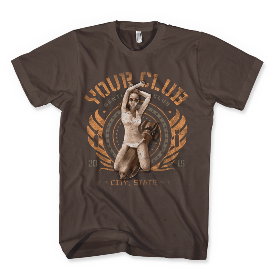 Came to Drop Bombs design woman posing straddling a bomb on a Brown Savanah Tee