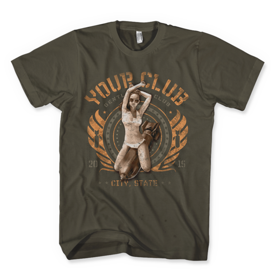 Came to Drop Bombs design woman posing straddling a bomb on a Military Green Tee