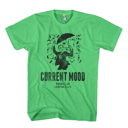 Current mood design featuring a man with an umbrella raining money  on a green shirt
